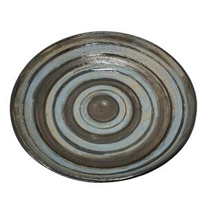 Handmade Blue Concentric Circles Spiral Pottery Bowl, Low Profile Ceramic ~9"